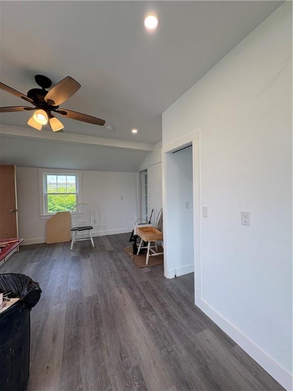 854 Matunuck Beach Rd, South Kingstown, RI 02879 - living room with dark wood-type flooring, vaulted ceiling, recessed lighting, and ceiling fan