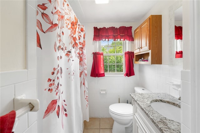 59 Massachusetts Ave, Warwick, RI 02888 - bathroom featuring tile walls, vanity, tile patterned floors, and a shower with curtain