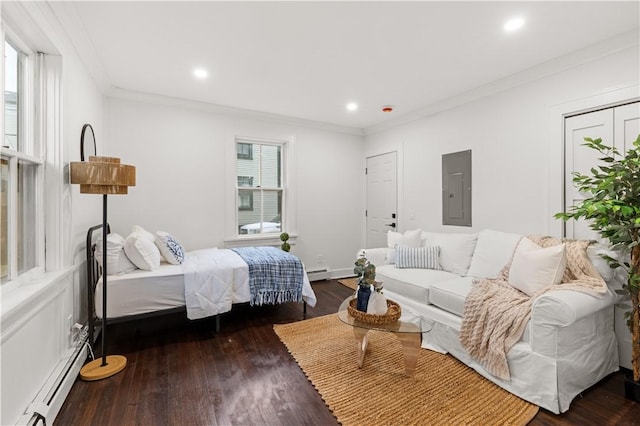 51 Poplar St Unit 1R, Newport, RI 02840 - bedroom with a baseboard heating unit, electric panel, wood finished floors, crown molding, and recessed lighting