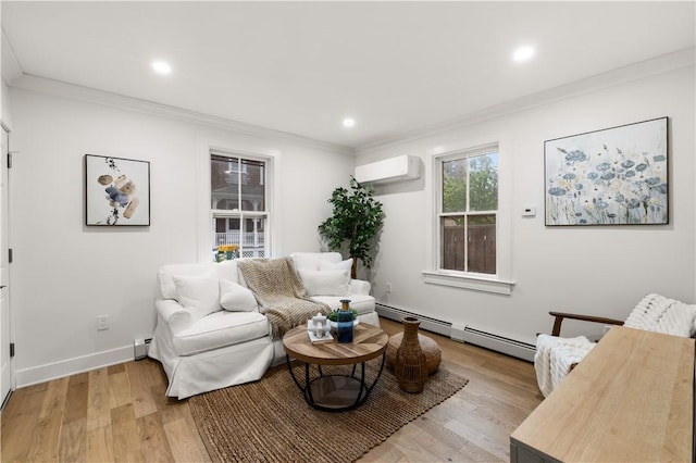 51 Poplar St Unit 1L, Newport, RI 02840 - living area featuring baseboard heating, crown molding, light wood-type flooring, a wall mounted air conditioner, and recessed lighting