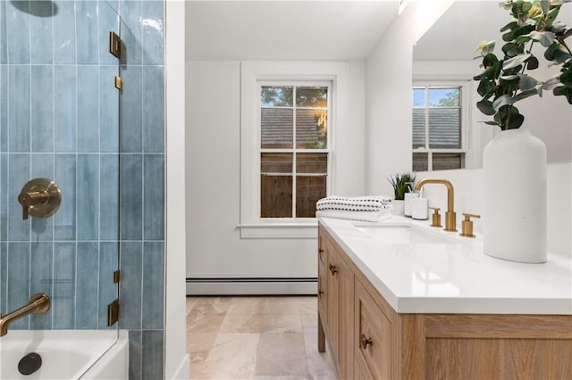 51 Poplar St Unit 1L, Newport, RI 02840 - bathroom with baseboard heating, vanity, marble finish flooring, and shower / washtub combination