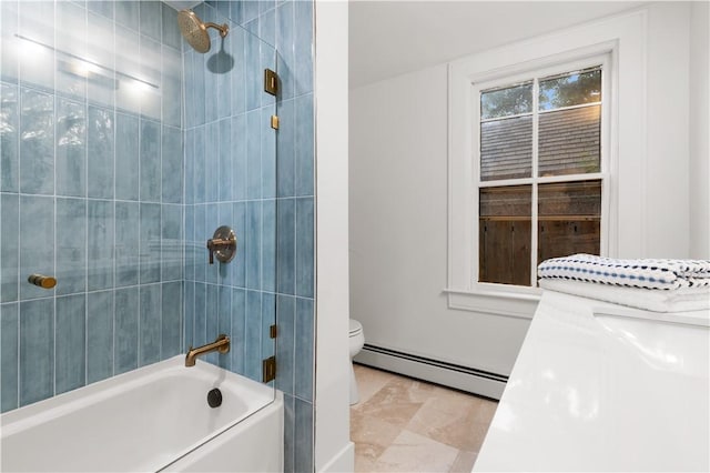 51 Poplar St Unit 1L, Newport, RI 02840 - bathroom featuring baseboard heating, marble look tiles, shower / tub combination, and vanity