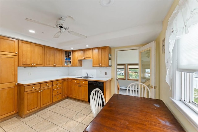 3 Arrow Ave, Warwick, RI 02886 - kitchen featuring dishwasher, light tile patterned flooring, brown cabinets, baseboard heating, and recessed lighting