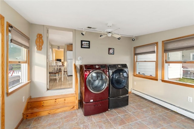 3 Arrow Ave, Warwick, RI 02886 - laundry area featuring washing machine and dryer, a baseboard heating unit, a ceiling fan, and healthy amount of natural light