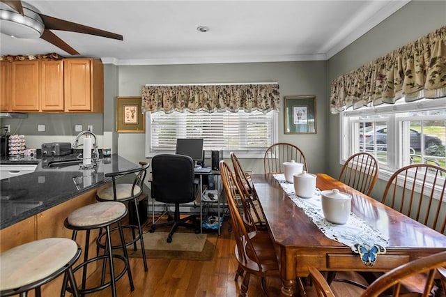 11 Daventry St, Glocester, RI 02814 - dining space featuring crown molding, ceiling fan, and hardwood / wood-style floors