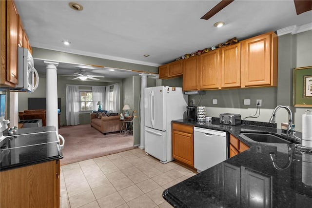 11 Daventry St, Glocester, RI 02814 - kitchen with white appliances, ceiling fan, ornate columns, light colored carpet, and light tile patterned floors