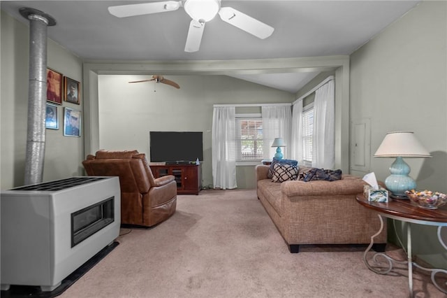 11 Daventry St, Glocester, RI 02814 - living room featuring carpet, a ceiling fan, lofted ceiling, and heating unit