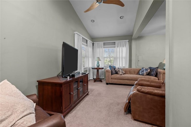 11 Daventry St, Glocester, RI 02814 - living room with light colored carpet, a ceiling fan, and high vaulted ceiling