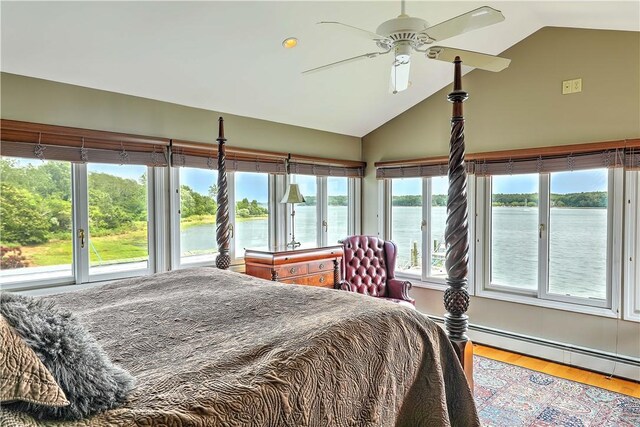 8 Alger Ave, Warwick, RI 02818 - bedroom featuring lofted ceiling, wood finished floors, a water view, a ceiling fan, and baseboard heating
