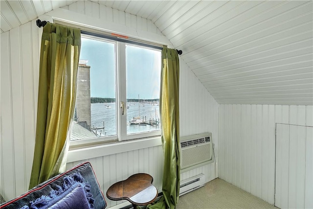 8 Alger Ave, Warwick, RI 02818 - bonus room with vaulted ceiling, baseboard heating, a water view, wooden walls, and carpet floors