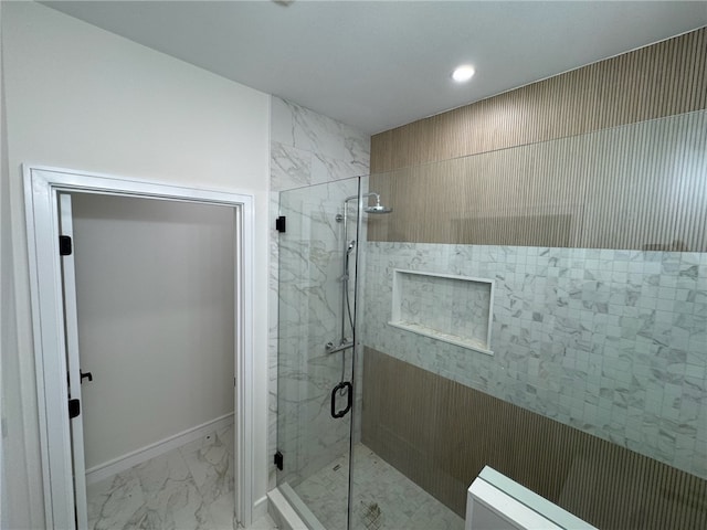 12 Daggett Ct Unit 2, Providence, RI 02906 - bathroom with a marble finish shower, marble finish flooring, and recessed lighting