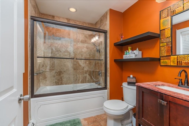 136 Youngs Ave, Coventry, RI 02816 - bathroom featuring vanity, shower / bath combination with glass door, tile patterned floors, and a baseboard radiator