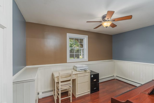 136 Youngs Ave, Coventry, RI 02816 - unfurnished office featuring wainscoting, dark wood-style floors, ceiling fan, and a baseboard heating unit