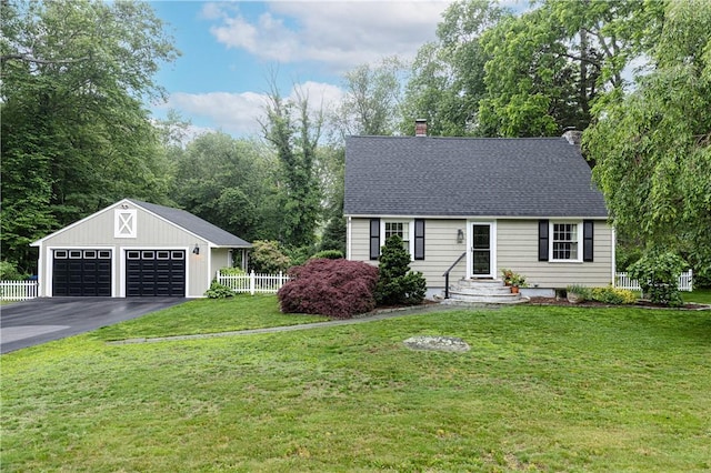 280 S Pierce Rd, East Greenwich, RI 02818 - view of front facade with a detached garage, a chimney, an outbuilding, and a shingled roof