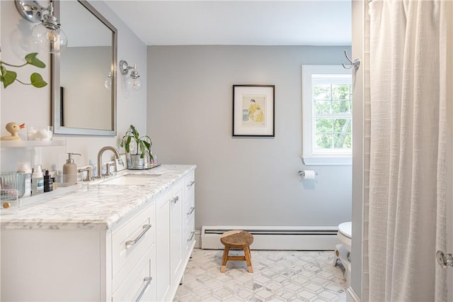 280 S Pierce Rd, East Greenwich, RI 02818 - bathroom featuring vanity, a baseboard radiator, and a shower with curtain