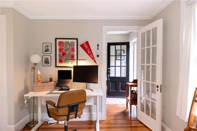 280 S Pierce Rd, East Greenwich, RI 02818 - office area featuring wood finished floors, ornamental molding, and french doors