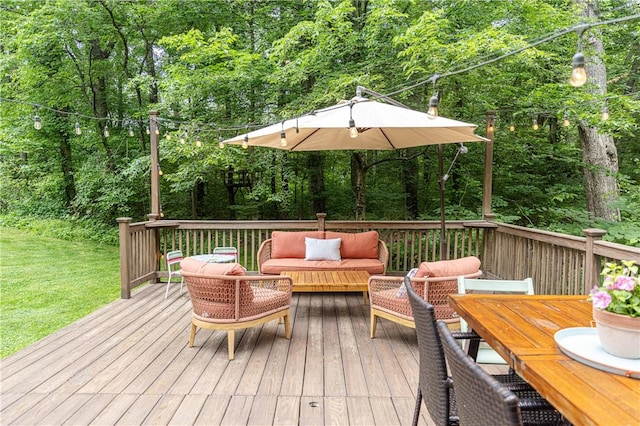280 S Pierce Rd, East Greenwich, RI 02818 - wooden terrace with outdoor lounge area, a lawn, a view of trees, and outdoor dining area