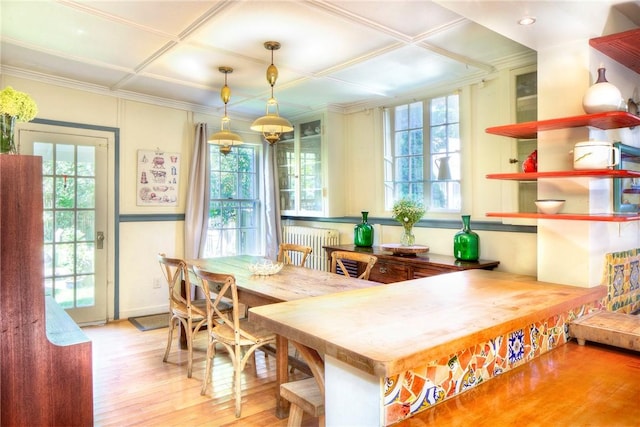 24 Old Beach Rd, Newport, RI 02840 - dining area with radiator, wood finished floors, coffered ceiling, and crown molding