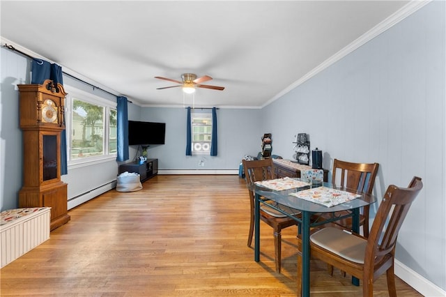 15 Wayland St, East Providence, RI 02914 - dining space with a baseboard heating unit, ceiling fan, light wood-style floors, crown molding, and radiator heating unit