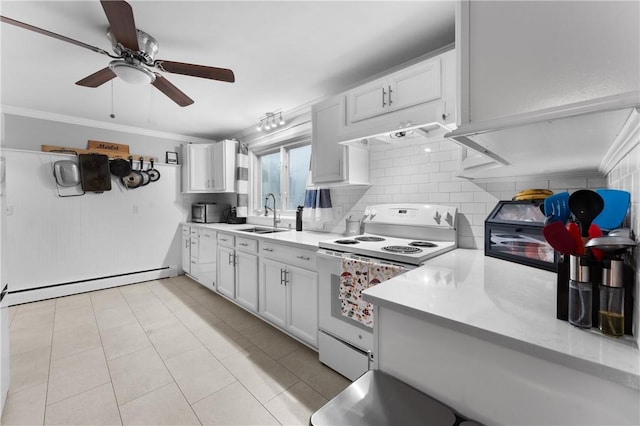15 Wayland St, East Providence, RI 02914 - kitchen featuring electric range, a baseboard heating unit, light countertops, ceiling fan, and white cabinetry
