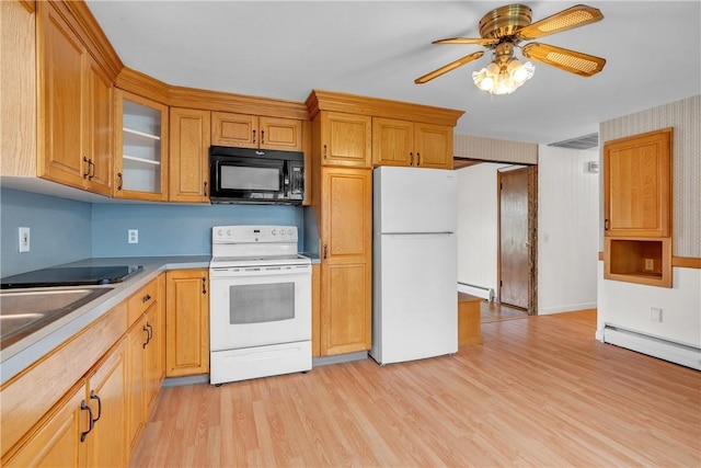 37 Joseph St, Providence, RI 02904 - kitchen with white appliances, baseboard heating, light wood finished floors, glass insert cabinets, and a ceiling fan