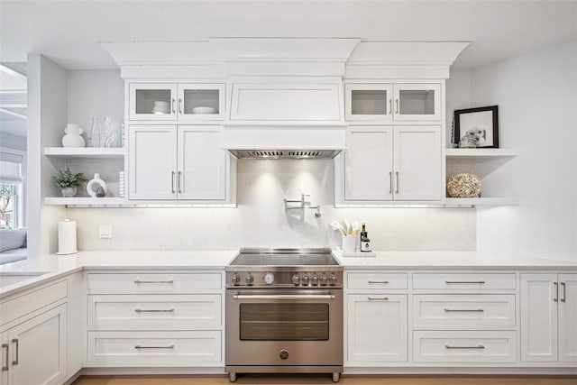 7 Spring Pond Rd, Westerly, RI 02891 - kitchen featuring open shelves, stainless steel range, white cabinetry, and light countertops