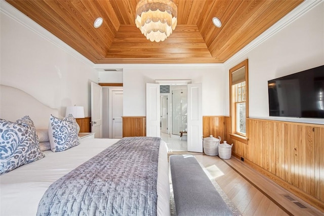 7 Spring Pond Rd, Westerly, RI 02891 - bedroom with wooden ceiling, wainscoting, hardwood / wood-style floors, crown molding, and wooden walls