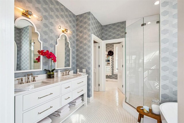 7 Spring Pond Rd, Westerly, RI 02891 - full bath with wallpapered walls, a shower stall, a freestanding tub, and double vanity