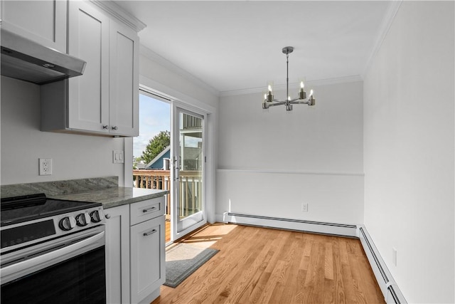 621 Thames St Unit C, Newport, RI 02840 - kitchen featuring stainless steel range with electric stovetop, extractor fan, a chandelier, crown molding, and light wood-type flooring