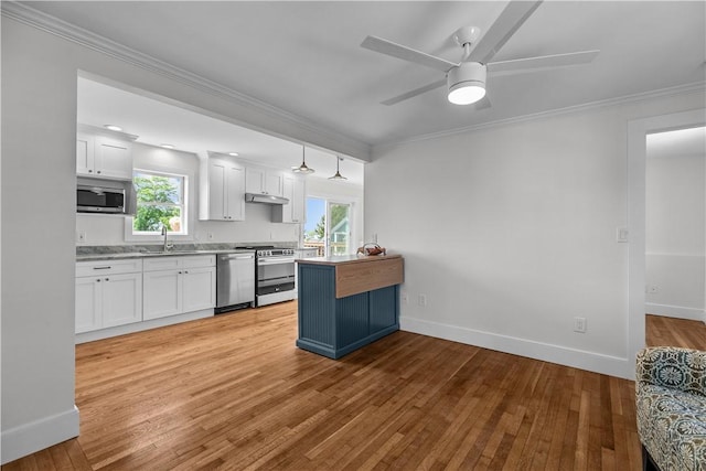 621 Thames St Unit C, Newport, RI 02840 - kitchen with stainless steel appliances, white cabinetry, light wood-style floors, crown molding, and ceiling fan