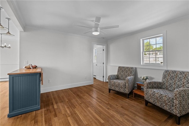 621 Thames St Unit C, Newport, RI 02840 - living area with hardwood / wood-style flooring, a chandelier, ornamental molding, and ceiling fan