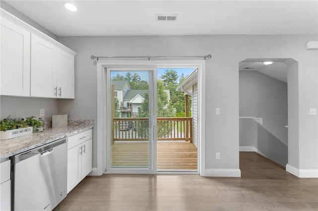 6 Jupiter Ln Unit B, Richmond, RI 02898 - kitchen featuring dishwasher, light wood-type flooring, white cabinetry, light stone counters, and recessed lighting