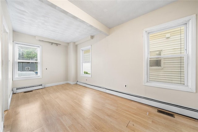 423 Pine St, Central Falls, RI 02863 - unfurnished room featuring a baseboard heating unit, light wood-type flooring, and beamed ceiling