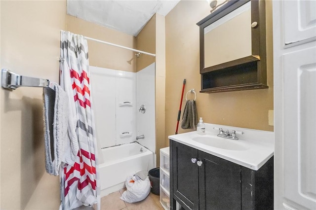 423 Pine St, Central Falls, RI 02863 - bathroom with shower / bath combination with curtain, vanity, and tile patterned flooring