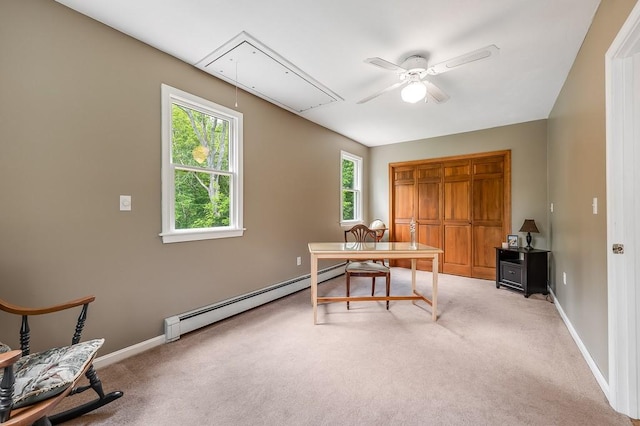 2470 W St, Wrentham, MA 02093 - home office featuring a baseboard radiator, attic access, ceiling fan, and light colored carpet