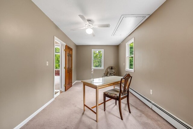 2470 W St, Wrentham, MA 02093 - office area with a baseboard heating unit, attic access, a ceiling fan, and light carpet