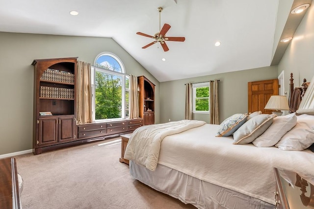 2470 W St, Wrentham, MA 02093 - bedroom featuring lofted ceiling, light colored carpet, recessed lighting, and a ceiling fan