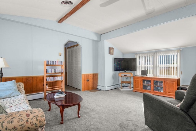 29 Cantaberry Ln, Coventry, RI 02816 - carpeted living area featuring a baseboard radiator, a wainscoted wall, and wooden walls