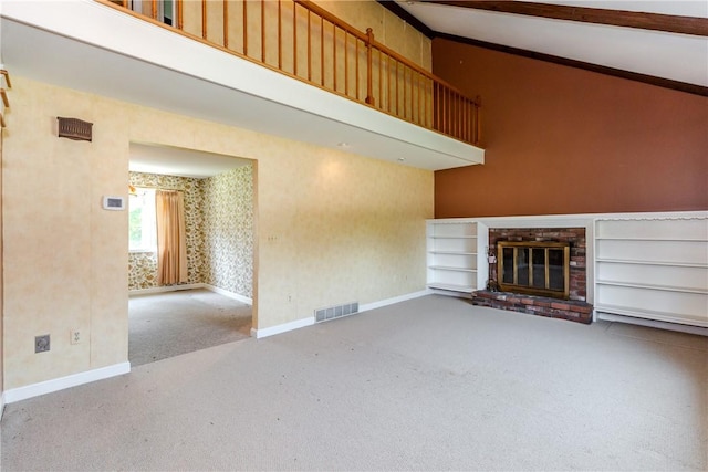 14 Meadow View Dr, Smithfield, RI 02917 - unfurnished living room featuring carpet floors, a brick fireplace, and high vaulted ceiling