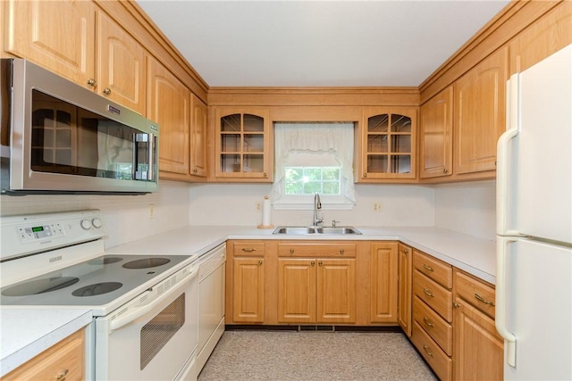 14 Meadow View Dr, Smithfield, RI 02917 - kitchen with white appliances, glass insert cabinets, and light countertops