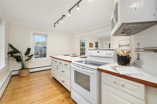 43 Cherry Ln Unit B, South Kingstown, RI 02879 - kitchen with white appliances, track lighting, baseboard heating, and white cabinets