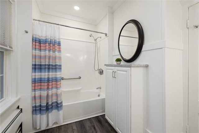 43 Cherry Ln Unit B, South Kingstown, RI 02879 - bathroom featuring vanity, shower / bath combo with shower curtain, wood finished floors, crown molding, and recessed lighting