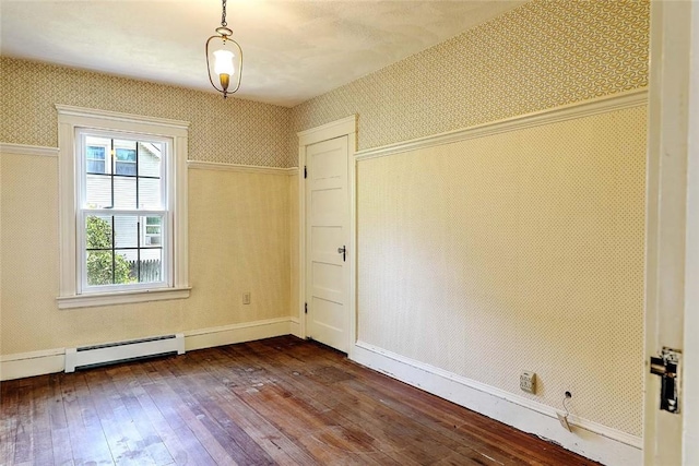 129 Ash St, Warwick, RI 02888 - unfurnished room featuring a baseboard radiator, wallpapered walls, and dark wood-style flooring