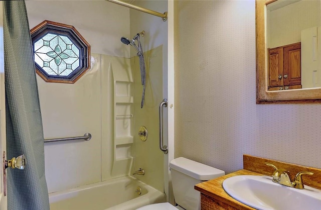 129 Ash St, Warwick, RI 02888 - bathroom featuring shower / tub combo with curtain, wallpapered walls, and vanity