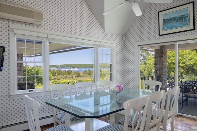 121 Avondale Rd, Westerly, RI 02891 - dining room with a wall unit AC, wallpapered walls, a ceiling fan, vaulted ceiling, and healthy amount of natural light