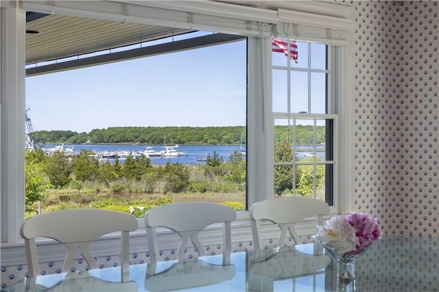 121 Avondale Rd, Westerly, RI 02891 - dining area featuring a water view and a view of trees