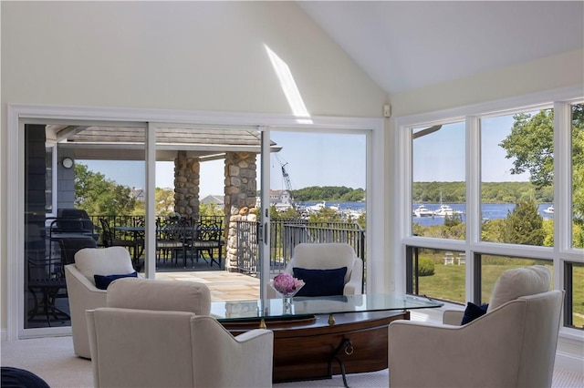121 Avondale Rd, Westerly, RI 02891 - sunroom with lofted ceiling, a water view, and carpet floors
