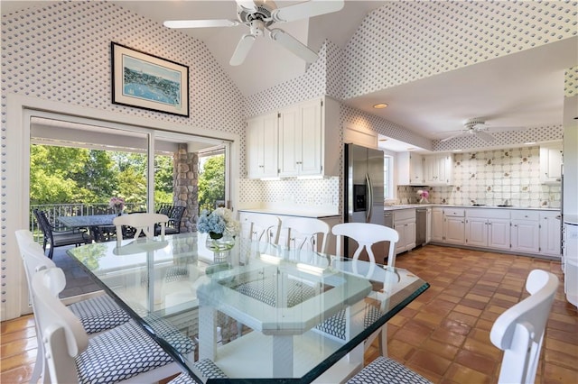 121 Avondale Rd, Westerly, RI 02891 - dining space with ceiling fan, high vaulted ceiling, and wallpapered walls