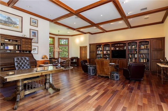 121 Avondale Rd, Westerly, RI 02891 - office space featuring coffered ceiling, wood finished floors, beam ceiling, crown molding, and a wainscoted wall