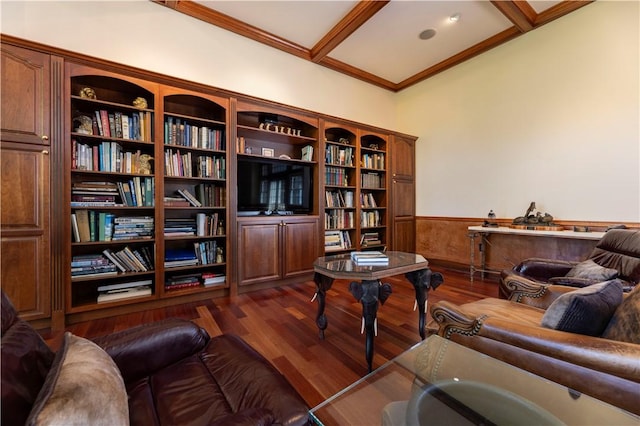 121 Avondale Rd, Westerly, RI 02891 - living area with a wainscoted wall, dark wood-style flooring, beamed ceiling, and crown molding